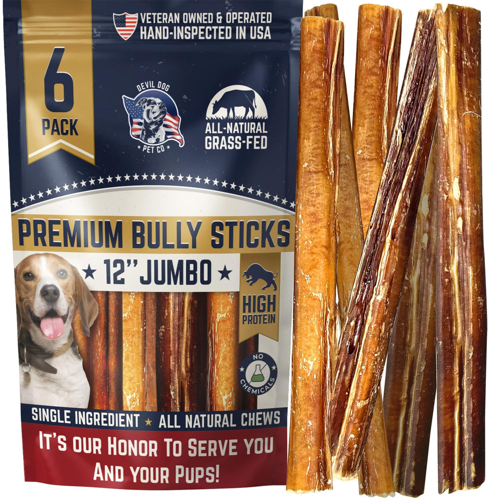 Devil Dog Bully Stick 12-inch jumbo pack supports focused chewing for large breeds.