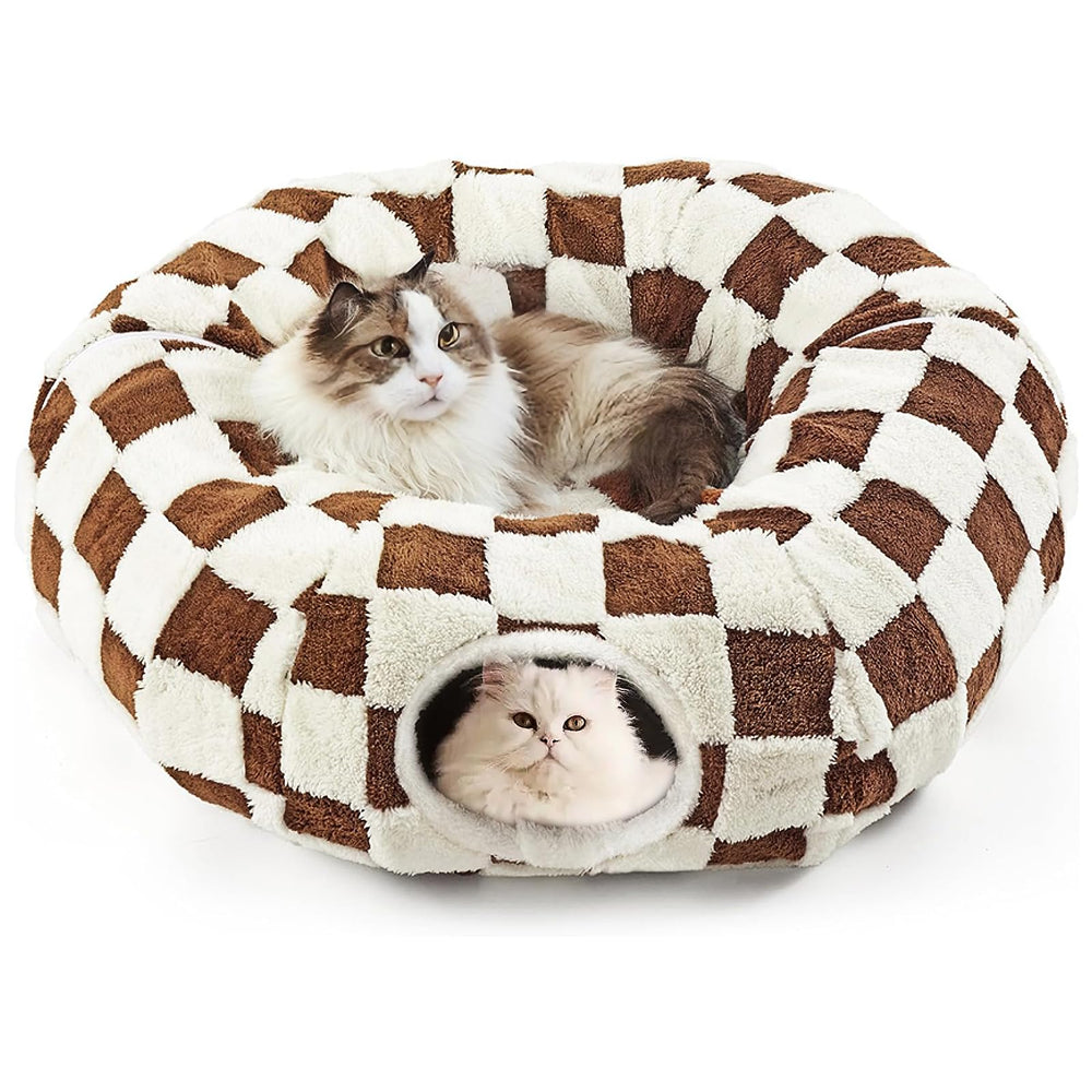 DFENGDF cat tunnel bed with cushion provides a cozy hideaway for nap time.