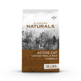 Diamond Naturals Active Cat bag open, premium cage-free chicken protein.