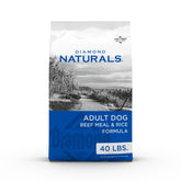 Diamond Naturals Beef Meal and Rice bag showing pasture-raised beef protein for energy