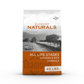 Diamond Naturals All Life Stages chicken and rice bag shows real cage-free chicken for complete daily nutrition
