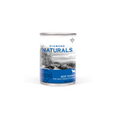 Diamond Naturals Beef Dinner can for dogs, pack shot highlighting convenience.