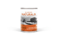 Diamond Naturals Chicken Dinner can for adult dogs promoting lean muscles and energy.