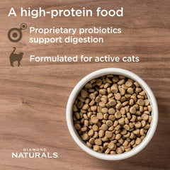 Diamond Naturals chicken meal and rice formula for high-protein active cats.