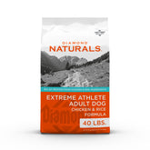 Diamond Naturals Extreme Athlete dry dog food bag open, showcasing real chicken for active dogs.