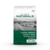 Diamond Naturals large breed dog food bag featuring real cage-free chicken as the #1 ingredient for adult dogs.