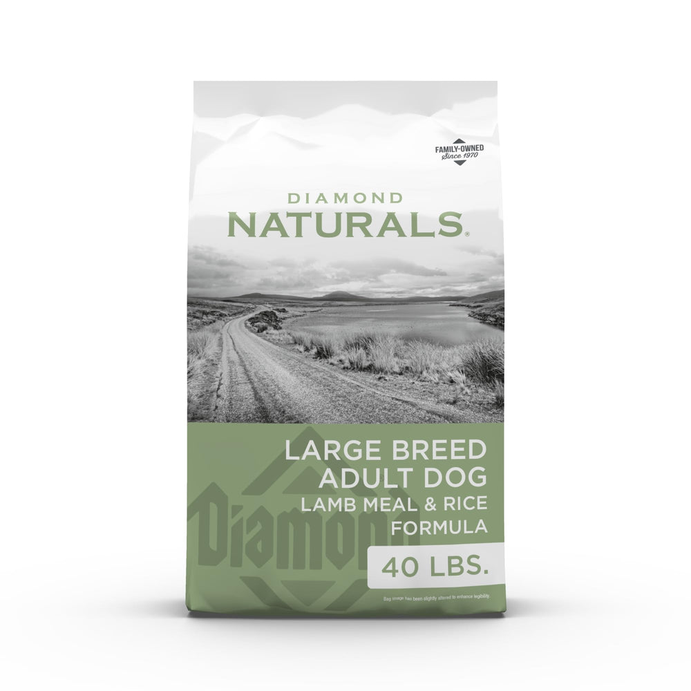 Diamond Naturals large-breed kibble with lamb meal and rice supports energy and joints.