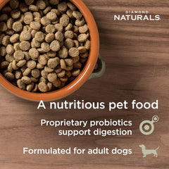 Diamond Naturals Light kibble close-up highlights quality ingredients for digestion and coat health.