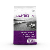 Diamond Naturals Small Breed dry dog food real chicken and rice in a bag for small dogs.