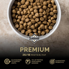 Diamond Premium kibble closeup highlighting quality chicken protein.