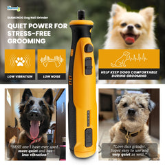 Diamondg cordless dog nail grinder offers quiet operation for calm grooming.