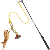 DIBBATU Flirt Pole in action for dogs, promoting playful tug and chase.