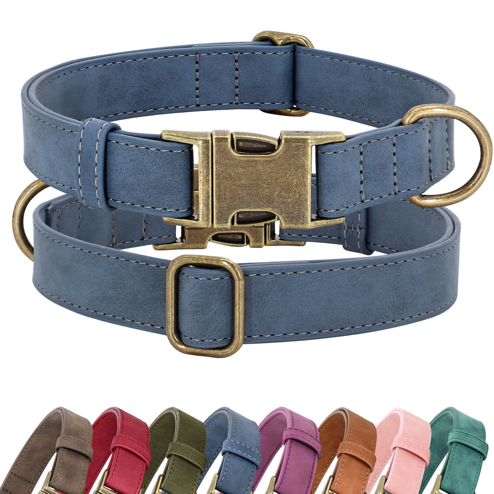 Didog blue soft PU leather collar front view for daily walks