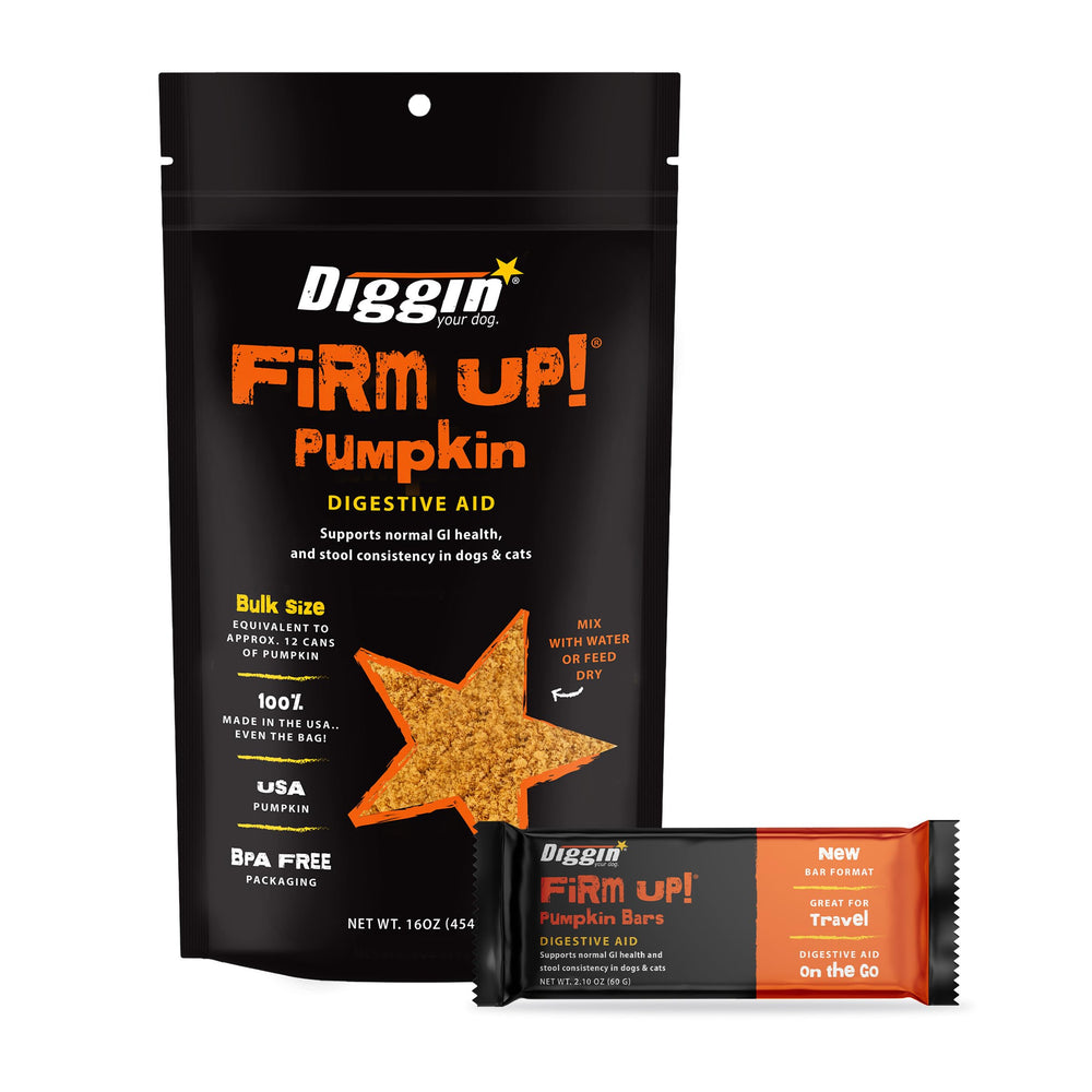 Diggin' Your Dog Firm Up pumpkin bundle packaging shows USA-made quality for gut support.