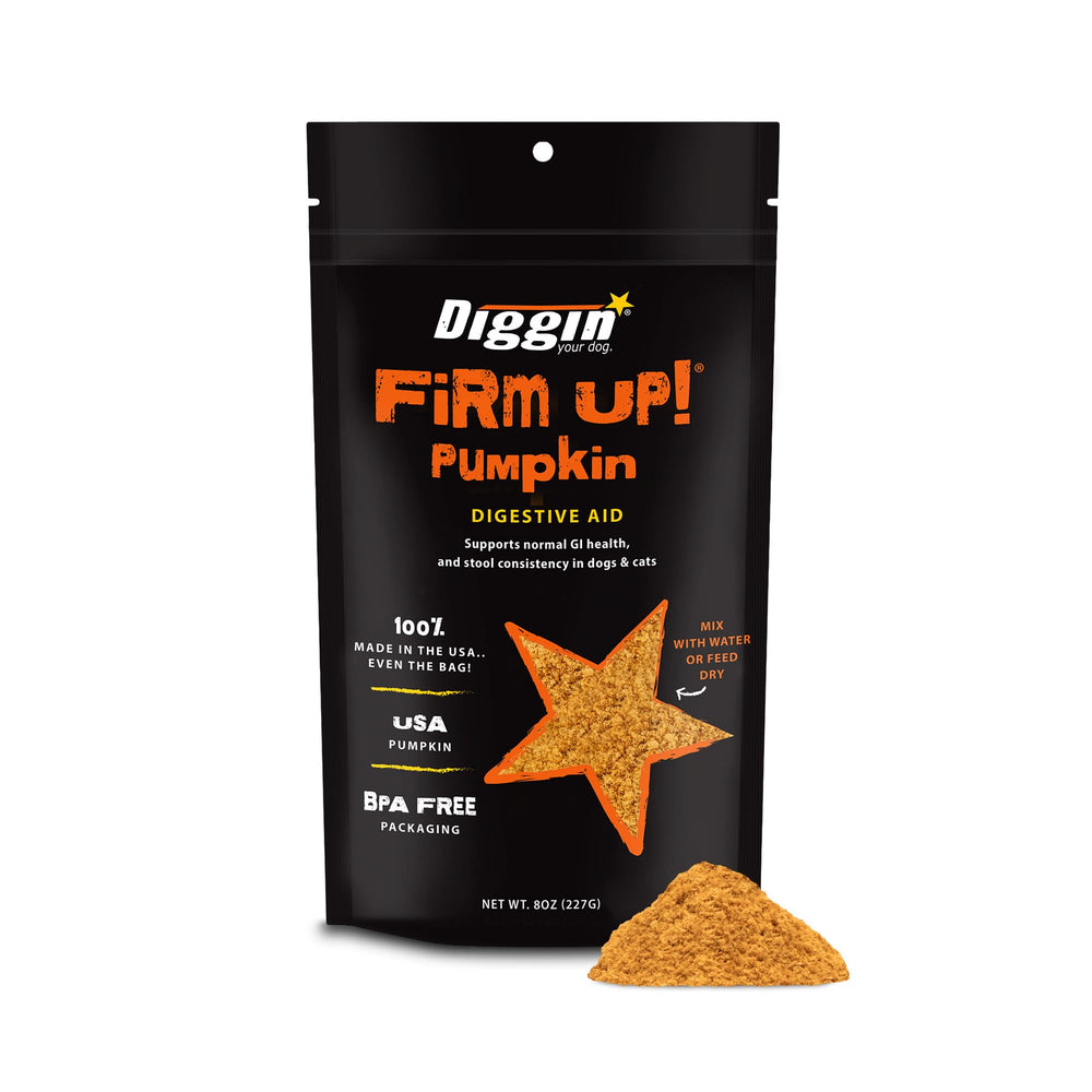 Diggin' Your Dog Firm Up pumpkin bundle packaging highlights USA-made formula for digestive support.