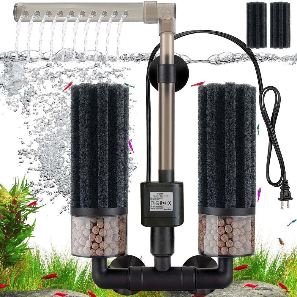 Digoos electric sponge filter for quiet aquarium filtration and debris removal.