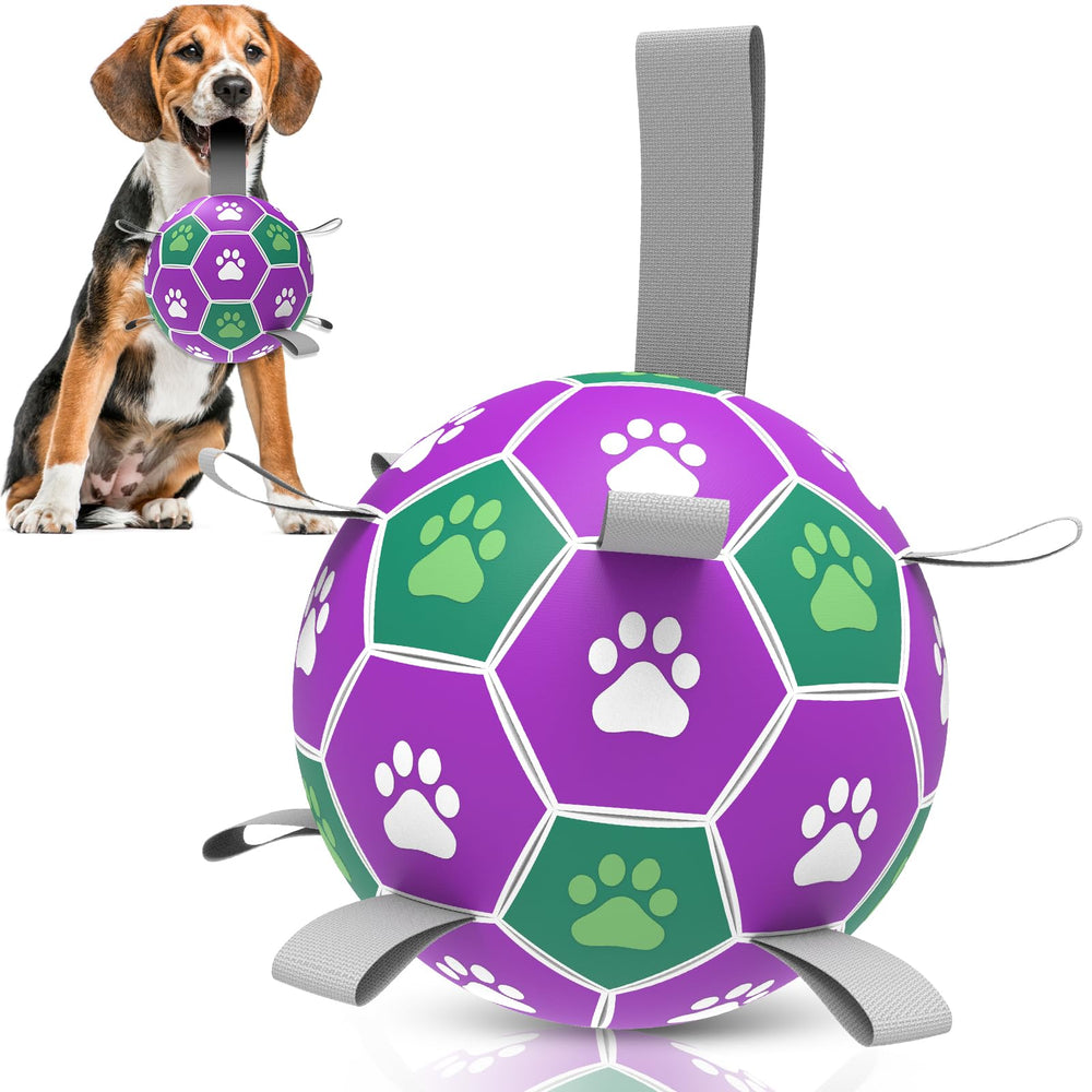Diman dog soccer ball with straps for easy pickup during outdoor fetch.