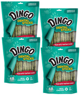 Dingo Dental Sticks box showing four-bag pack for tartar control.