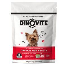 Dinovite 3 in 1 probiotic bottle pour for easy daily gut support in small dogs.