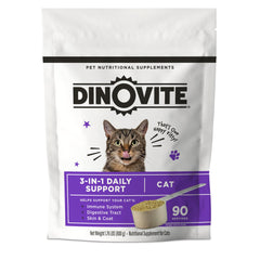 Dinovite for Cats supplement bottle demonstrates immune and digestive support.