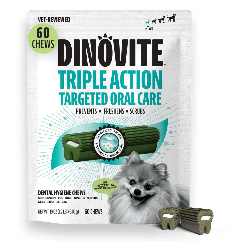Dinovite Dental Chews packaging for extra small dogs promotes oral care on the go.