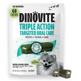 Dinovite Dental Chews packaging for extra small dogs promotes oral care on the go.