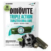Dinovite Dental Chews packaging shows branding and dental care promise