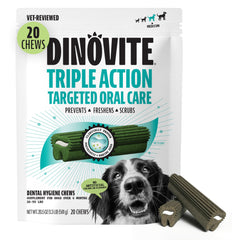 Dinovite Dental Chews packaging shows branding and dental care promise