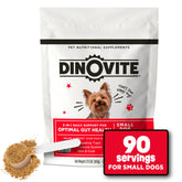 Dinovite dog probiotics package and bottle support skin and gut health.