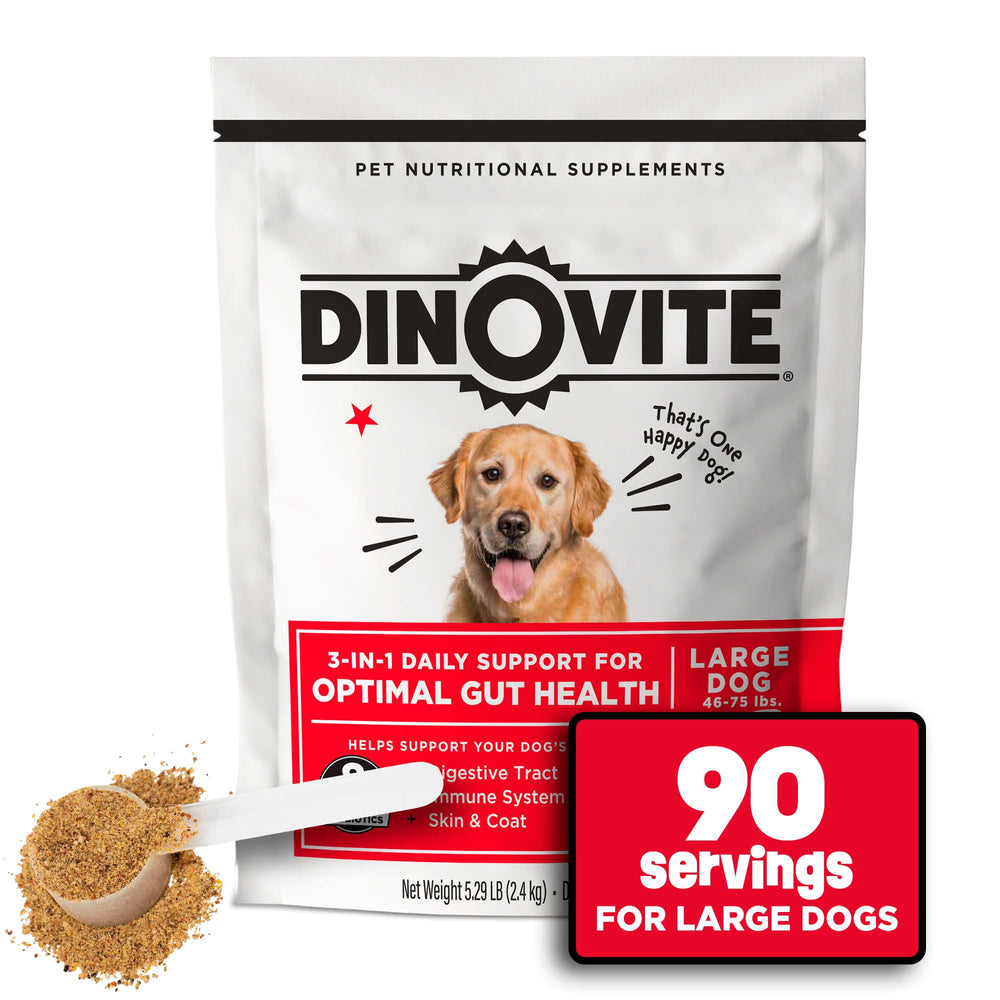Dinovite probiotic supplement for dogs bottle label highlights gut-friendly ingredients