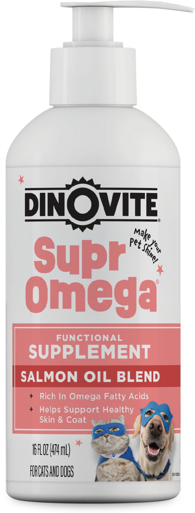 Dinovite SuprOmega salmon oil bottle ready to pour for easy meal mixing to support skin and coat.