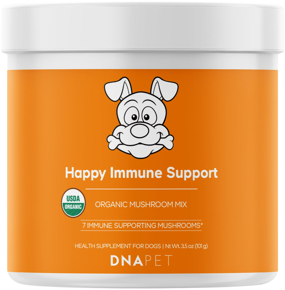 DNA PET Happy Immunity mushroom powder tub showing organic blend for canine wellness