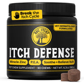 Doc Itchy Itch Defense bottle label close-up highlighting zinc and P.E.A. support.