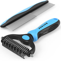 Docrok Pet Grooming Combo blue deshedding brush reduces shedding for dogs and cats.