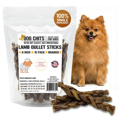 Dog Chits Lamb Esophagus Chews pack shows 6-inch treats for long-lasting chewing