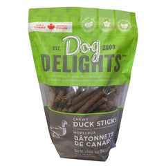 Dog Delights Chewy Duck Sticks pack for long-lasting dog treats.