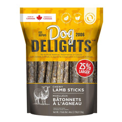 Dog Delights Chewy Lamb Sticks pack—premium ingredients for dogs.