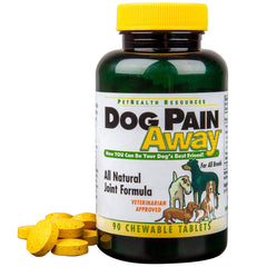 Dog Pain Away bottle shown for daily joint support in dogs.