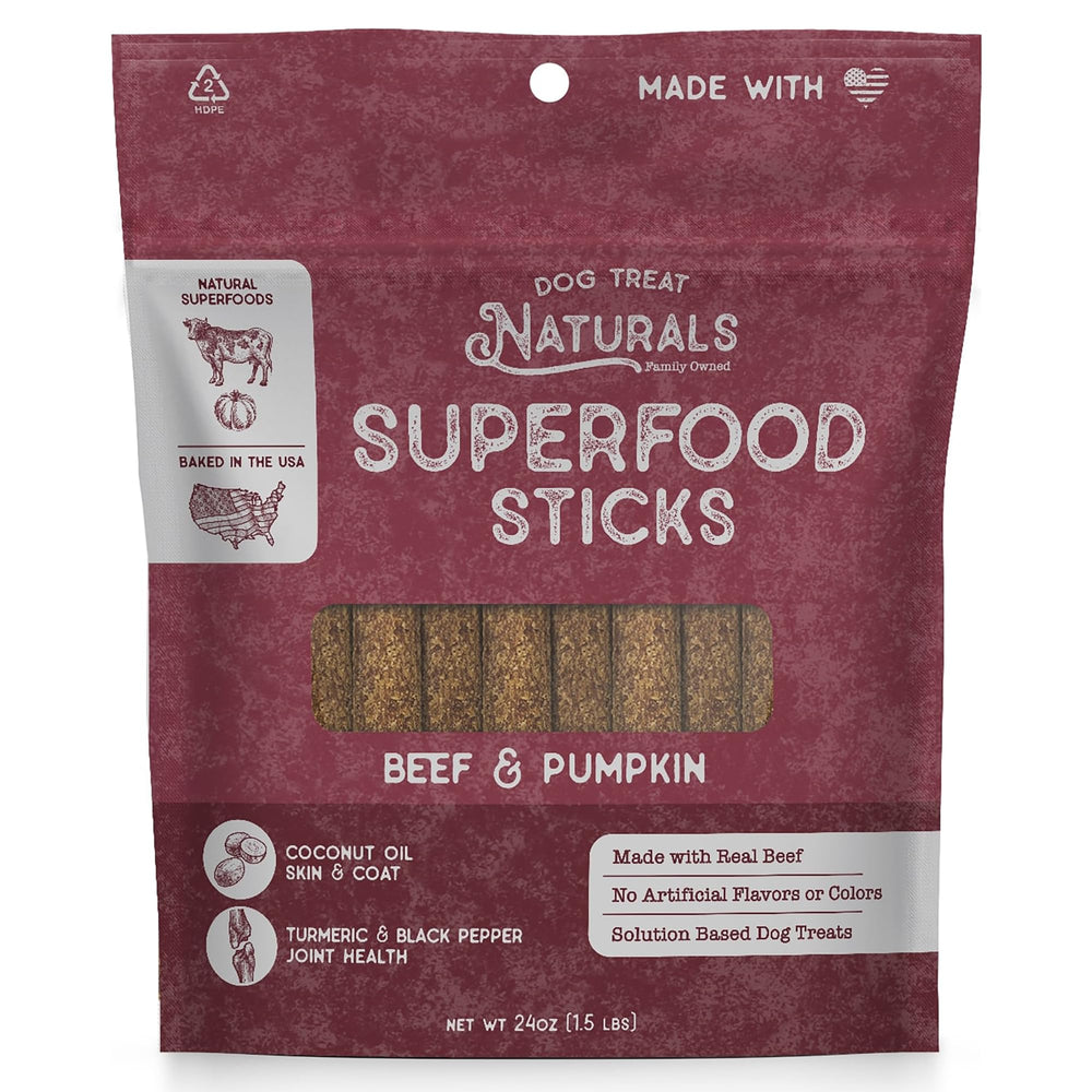 Dog Treat Naturals Superfood Sticks packaging shows USA-made recyclable bag.