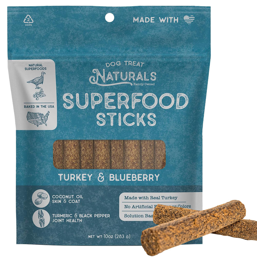 Dog Treat Naturals bag front featuring turkey and blueberry flavor for training rewards.