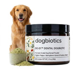 Dogbiotics DE-01 dental powder bottle with scoop supports plaque management and fresh breath.