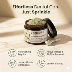 Dogbiotics DE-01 dental powder measuring scoop for easy daily dosing on dog food.