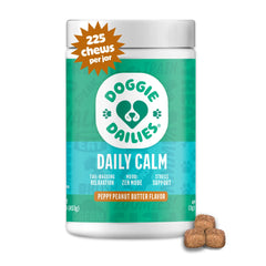 Doggie Dailies calming chews peanut butter bag-front, tasty stress-relief option