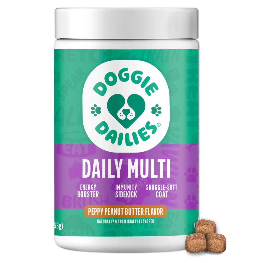 Doggie Dailies peanut butter soft chew with antioxidant support.
