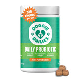 Doggie Dailies probiotic bottle close-up promotes digestive balance.