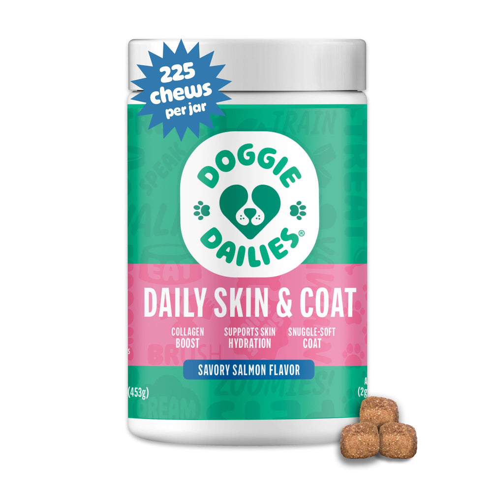 Doggie Dailies salmon oil bottle promoting healthy skin and coat