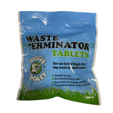 Doggie Dooley Waste Terminator tablets in resealable pouch for easy weekly waste breakdown in-ground systems.