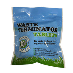 Doggie Dooley Waste Terminator tablets in resealable pouch for easy weekly waste breakdown in-ground systems.