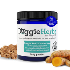 Doggie Herbs natural anti-inflammatory packaging with clear branding for quick recognition.