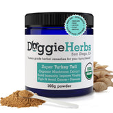 Doggie Herbs Turkey Tail powder bottle offering potent canine immune support